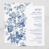 Elegant Frans Bloementoilet Blauw Bruiloft Menu (Voorkant / Achterkant)