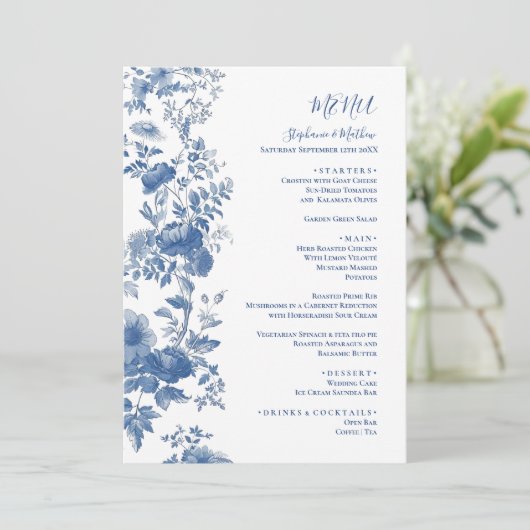 Elegant Frans Bloementoilet Blauw Bruiloft Menu (Staand voorkant)
