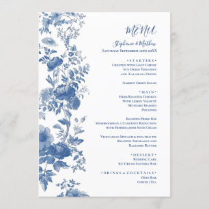 Elegant Frans Bloemmotief Blauwe Huwelijksmenu Menu
