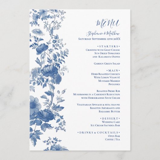 Elegant Frans Bloemmotief Blauwe Huwelijksmenu Menu (Voorkant)