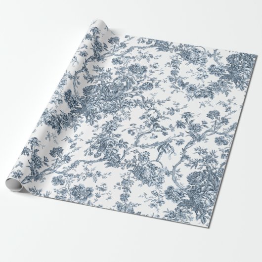Elegant  Frans gegraveerd Floral Toile-Blue Cadeaupapier (Uitgerold)