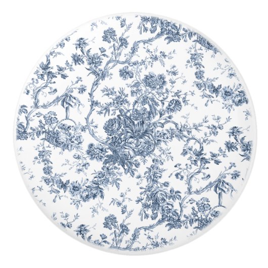 Elegant Frans gegraveerd Floral Toile-Blue Keramische Knop (Voorkant)