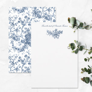 Elegant  Frans gegraveerd Floral Toile-Blue Notitiekaartje