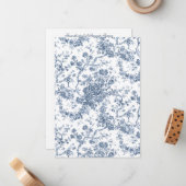 Elegant  Frans gegraveerd Floral Toile-Blue Notitiekaartje (Voorkant / Achterkant in situ)