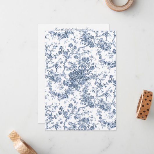 Elegant  Frans gegraveerd Floral Toile-Blue Notitiekaartje (Voorkant / Achterkant in situ)