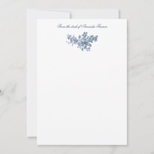 Elegant  Frans gegraveerd Floral Toile-Blue Notitiekaartje (Achterkant)