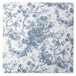 Elegant  Frans gegraveerd Floral Toile-Blue Tegeltje