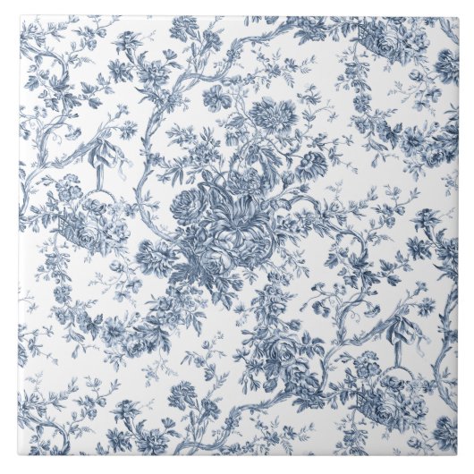 Elegant  Frans gegraveerd Floral Toile-Blue Tegeltje (Voorkant)