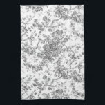 Elegant  Frans gegraveerd Floral Toile-Grey Theedoek<br><div class="desc">Elegant en  grijs en wit  toile de jouy patroon met exotische bloemen,  wijnstokken en bladeren,  met deklagen en manden van rozen. Dit patroon werd aangepast aan een historisch Frans textielfragment van ca. 1910 in het Smithsonian collectie. Het patroon is hoge res maar kan niet worden betegeld.</div>