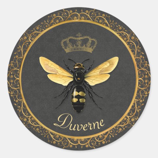 Elegant Frans Koningin Bee Grijs Goud Geel Ronde Sticker (Voorkant)