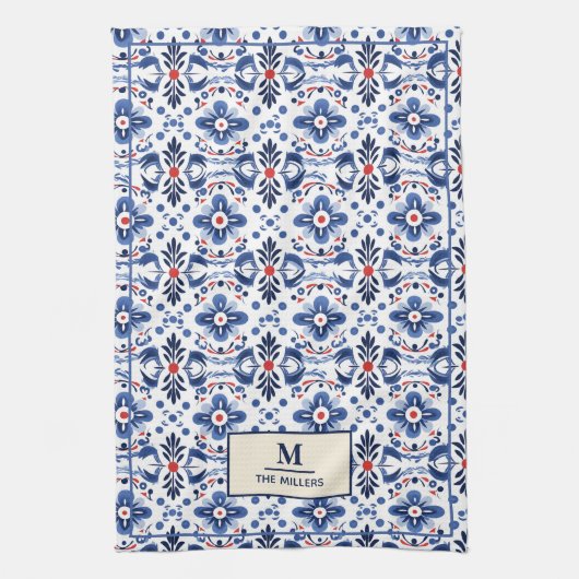 Elegant Frans Land met Blauwe Bloemen Monogram Theedoek (Verticaal)