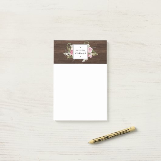 Elegant Frans Land Roze Rozen op Woodgrain Post-it® Notes (Op bureau)