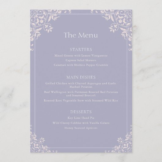 Elegant Frans Lila  Lijst Trouwmenu Menu (Voorkant)