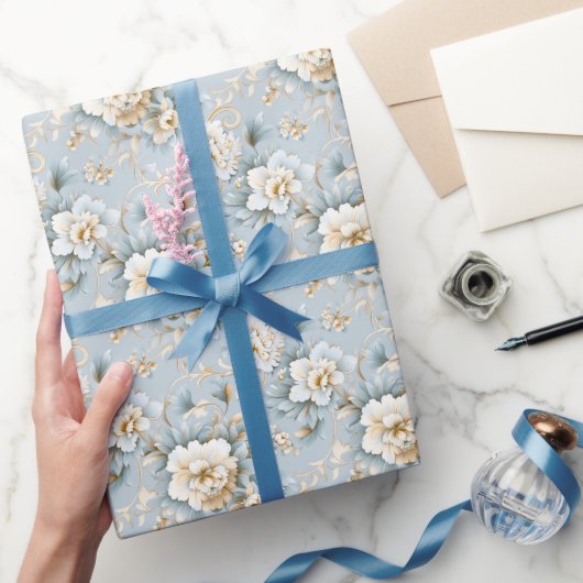 Elegant Frans Poeder Blauw, Wit en Gouden Bloemen Cadeaupapier (Geschenken)