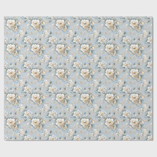Elegant Frans Poeder Blauw, Wit en Gouden Bloemen Cadeaupapier (Vlak)