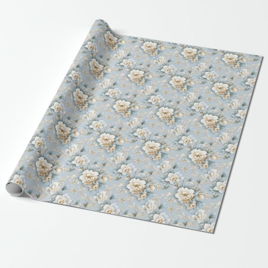 Elegant Frans Poeder Blauw, Wit en Gouden Bloemen Cadeaupapier (Uitgerold)