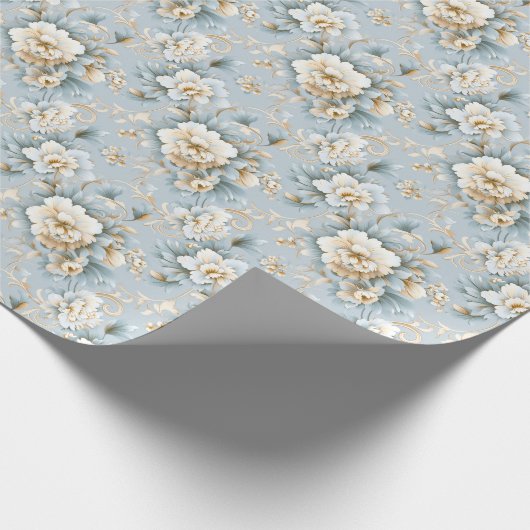 Elegant Frans Poeder Blauw, Wit en Gouden Bloemen Cadeaupapier (Hoek)