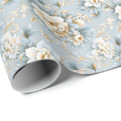 Elegant Frans Poeder Blauw, Wit en Gouden Bloemen Cadeaupapier (Rol Hoek)