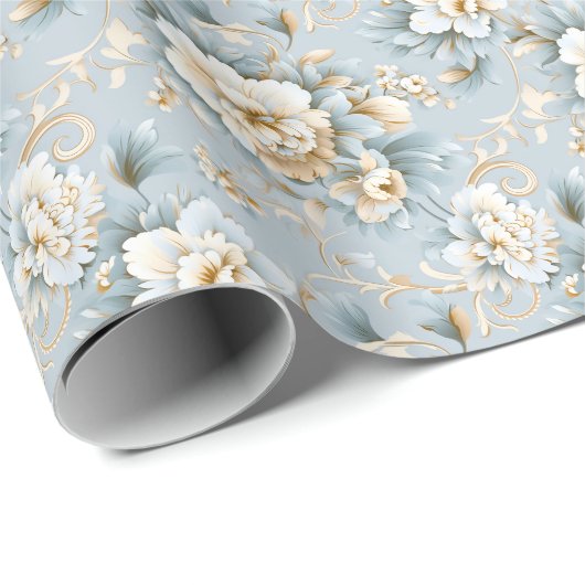 Elegant Frans Poeder Blauw, Wit en Gouden Bloemen Cadeaupapier (Rol Hoek)