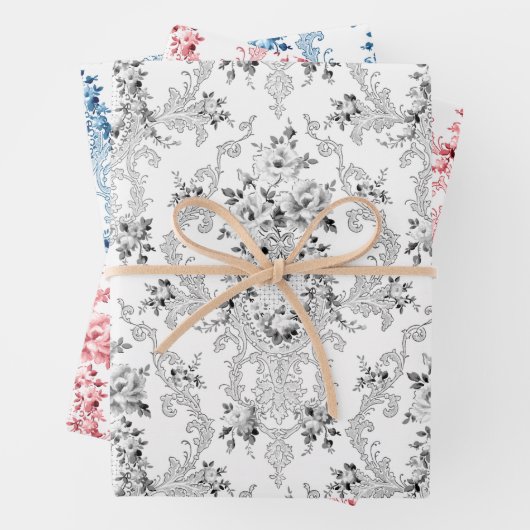 Elegant Frans Rococo Bloemenroze, grijs & blauw Inpakpapier Vel (In situ)