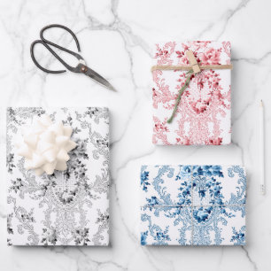 Elegant Frans Rococo Bloemenroze, grijs & blauw Inpakpapier Vel