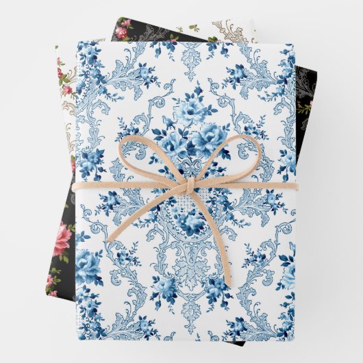 Elegant Frans rococo bloemwit, zwart, blauw Inpakpapier Vel (In situ)