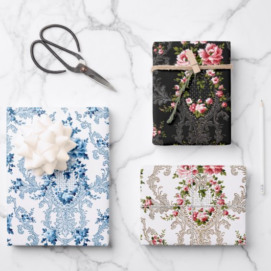 Elegant Frans rococo bloemwit, zwart, blauw Inpakpapier Vel (Voorkant)