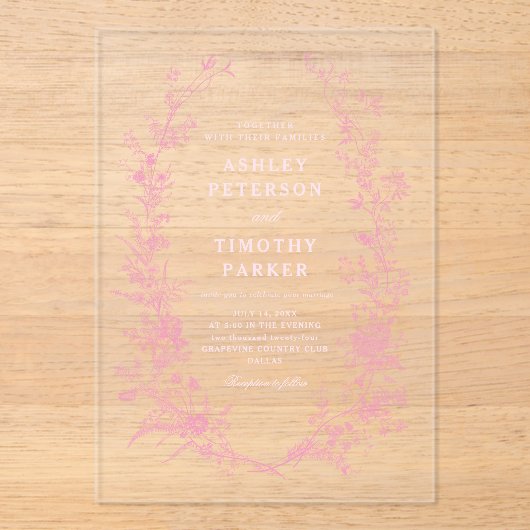 Elegant Frans Roze Toile Bloemen Bruiloft Acryl Uitnodigingen (Voorkant)