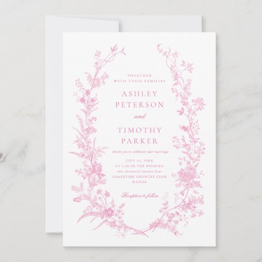 Elegant Frans Roze Toile Bloemen Bruiloft Kaart (Voorkant)