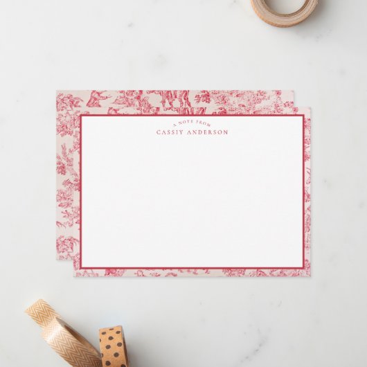 Elegant  Frans Roze Toile De Jouy Pattern Notitiekaartje (Voorkant / Achterkant in situ)