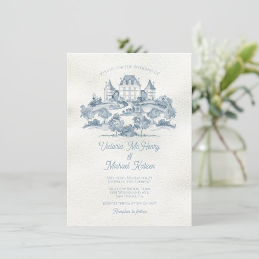 Elegant Frans Toile Bloemen Chateau Bruiloft Kaart (Staand voorkant)