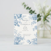 Elegant Frans toilet Blauw Bloemen Huwelijk RSPV Uitnodiging Briefkaart (Staand voorkant)