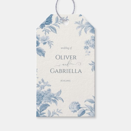 Elegant Frans toilet Blauwe Bloemen bruiloft Cadeaulabel (Voorkant)
