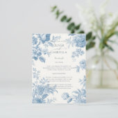 Elegant Frans toilet Blauwe Bloemen bruiloft Informatiekaartje (Staand voorkant)