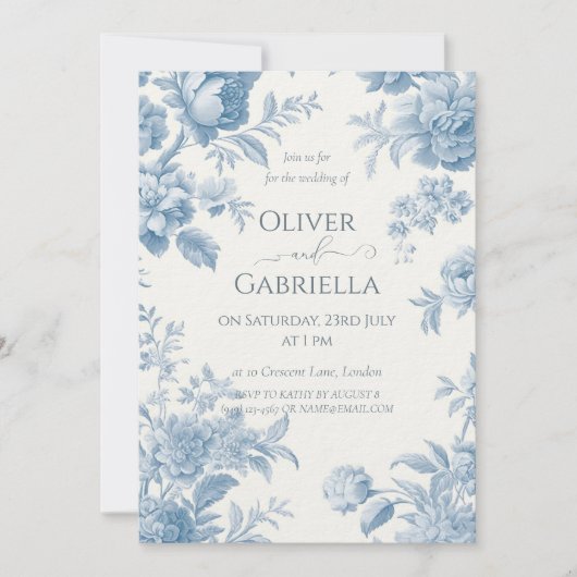Elegant Frans toilet Blauwe Bloemen bruiloft Kaart (Voorkant)