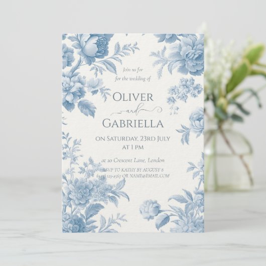Elegant Frans toilet Blauwe Bloemen bruiloft Kaart (Staand voorkant)