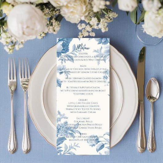 Elegant Frans toilet Blauwe Bloemen bruiloft Menu
