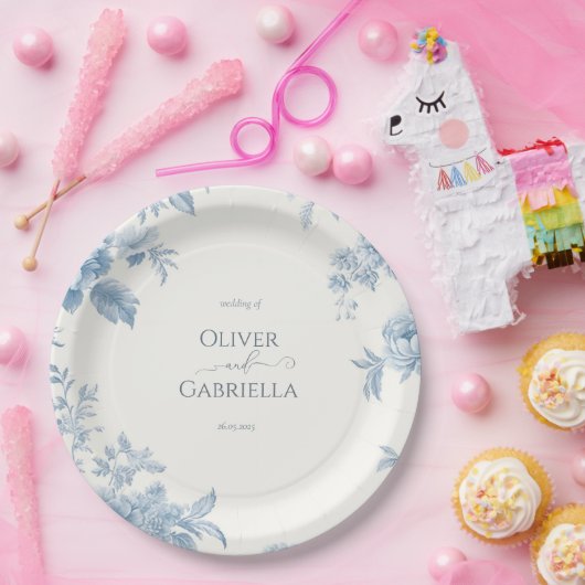 Elegant Frans toilet Blauwe Bloemen bruiloft Papieren Bordje (Feest)