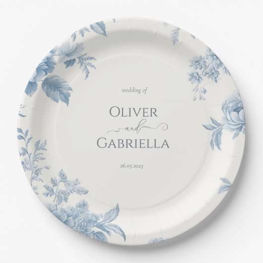 Elegant Frans toilet Blauwe Bloemen bruiloft Papieren Bordje (Voorkant)