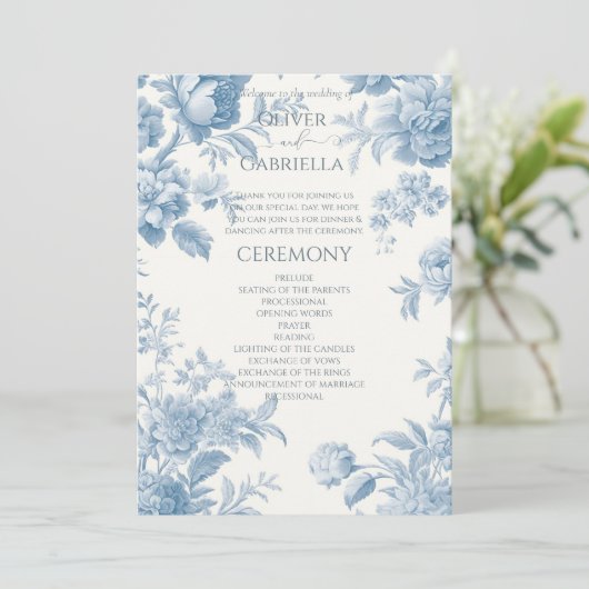 Elegant Frans toilet Blauwe Bloemen bruiloft Programmakaart (Staand voorkant)