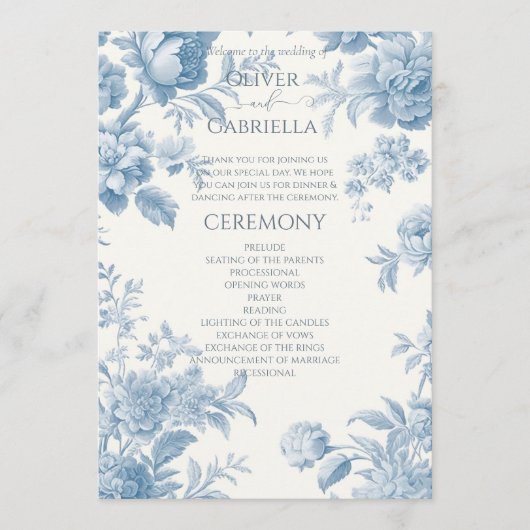Elegant Frans toilet Blauwe Bloemen bruiloft Programmakaart (Voorkant)