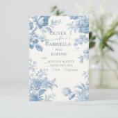 Elegant Frans toilet Blauwe Bloemen bruiloft RSVP Kaartje (Staand voorkant)