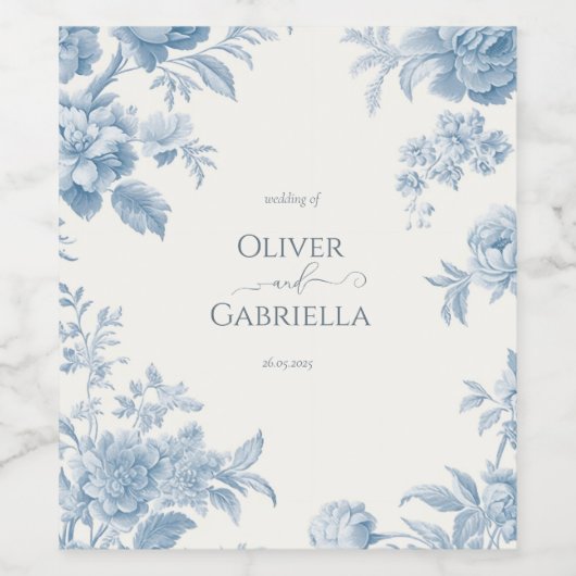 Elegant Frans toilet Blauwe Bloemen bruiloft Wijn Etiket (Enkel label)