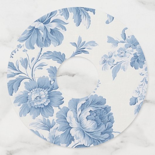 Elegant Frans toilet Blauwe Bloemen bruiloft Wijnglaslabel (Voorkant)