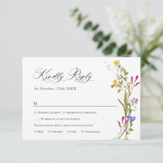 Elegant  Frans Tuin Bloemen Groen Bruiloft RSVP Kaartje (Staand voorkant)