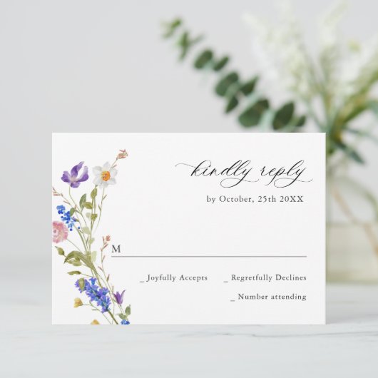 Elegant  Frans Tuin Bloemen Groen Bruiloft RSVP Kaartje (Staand voorkant)