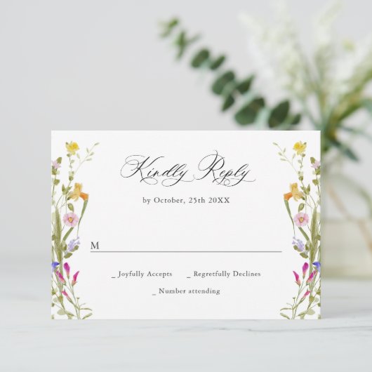 Elegant Frans Tuin Groen Bloemen Bruiloft RSVP Kaartje (Staand voorkant)