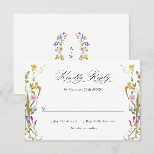 Elegant Frans Tuin Groen Bloemen Bruiloft RSVP Kaartje (Voorkant / Achterkant)
