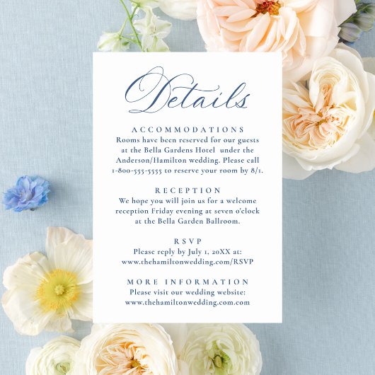 Elegant French Blue Floral Wedding Details Informatiekaartje