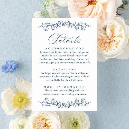 Elegant French Blue Floral Wedding Details Informatiekaartje